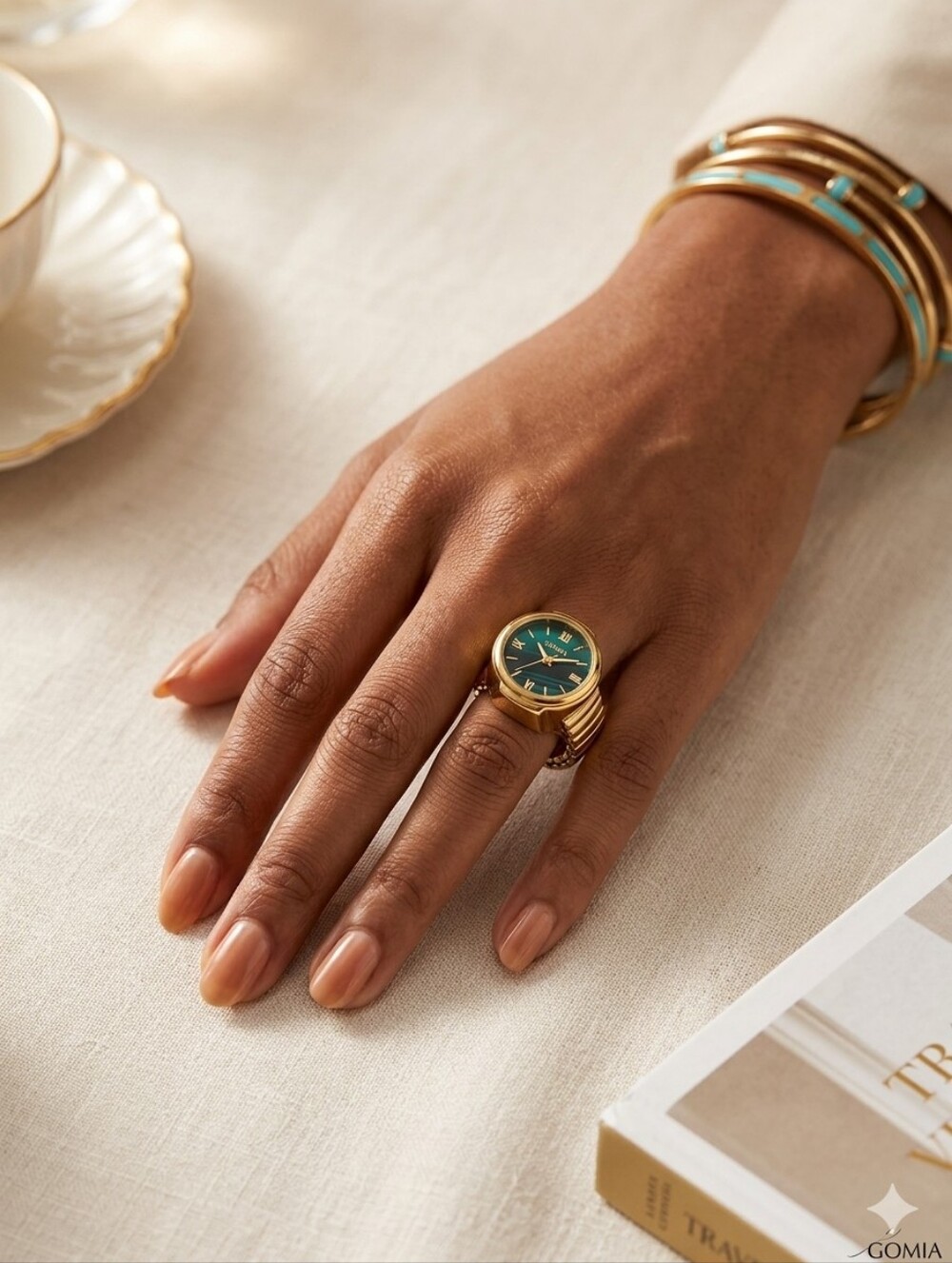 Gold Tone Green Dial Men's Ring Watch Stainless Steel Adjustable